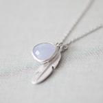 Pale Alice Blue Glass With Feather Pendant..