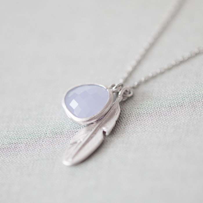 Pale Alice Blue Glass With Feather Pendant Necklace