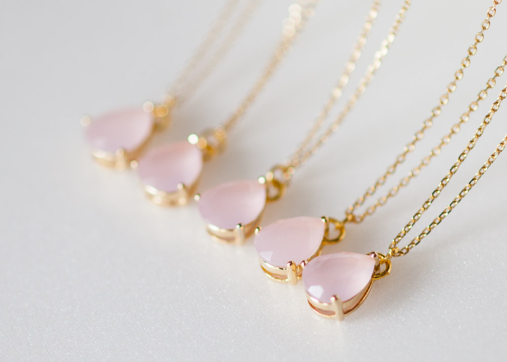 Bridesmaid Gifts - Set Of 5 - Pale Pink Teardrop Glass Gold Chain Necklaces