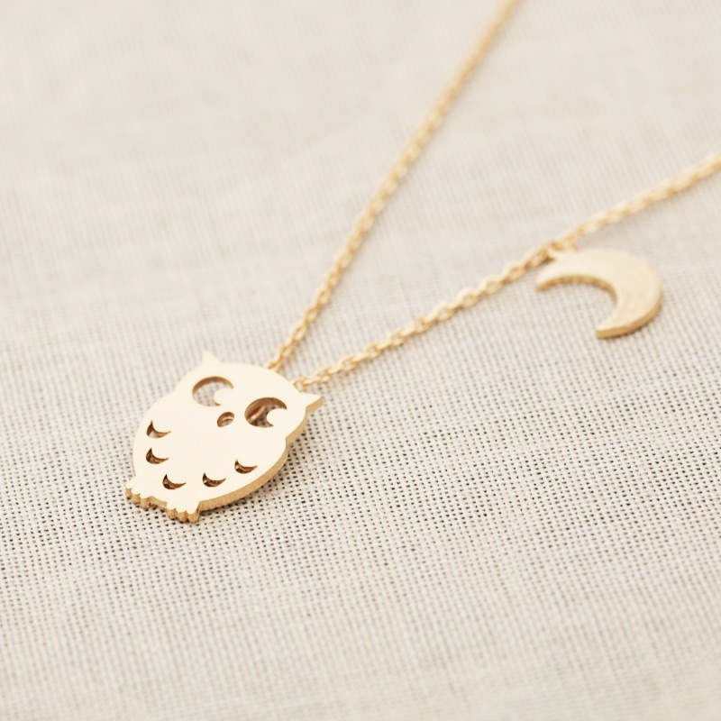 Owl And Crescent Necklace In Gold